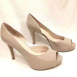 Nine West Nude Beige Tan Peeptoe Open Toe Pumps 4" Heels Sz 9.5